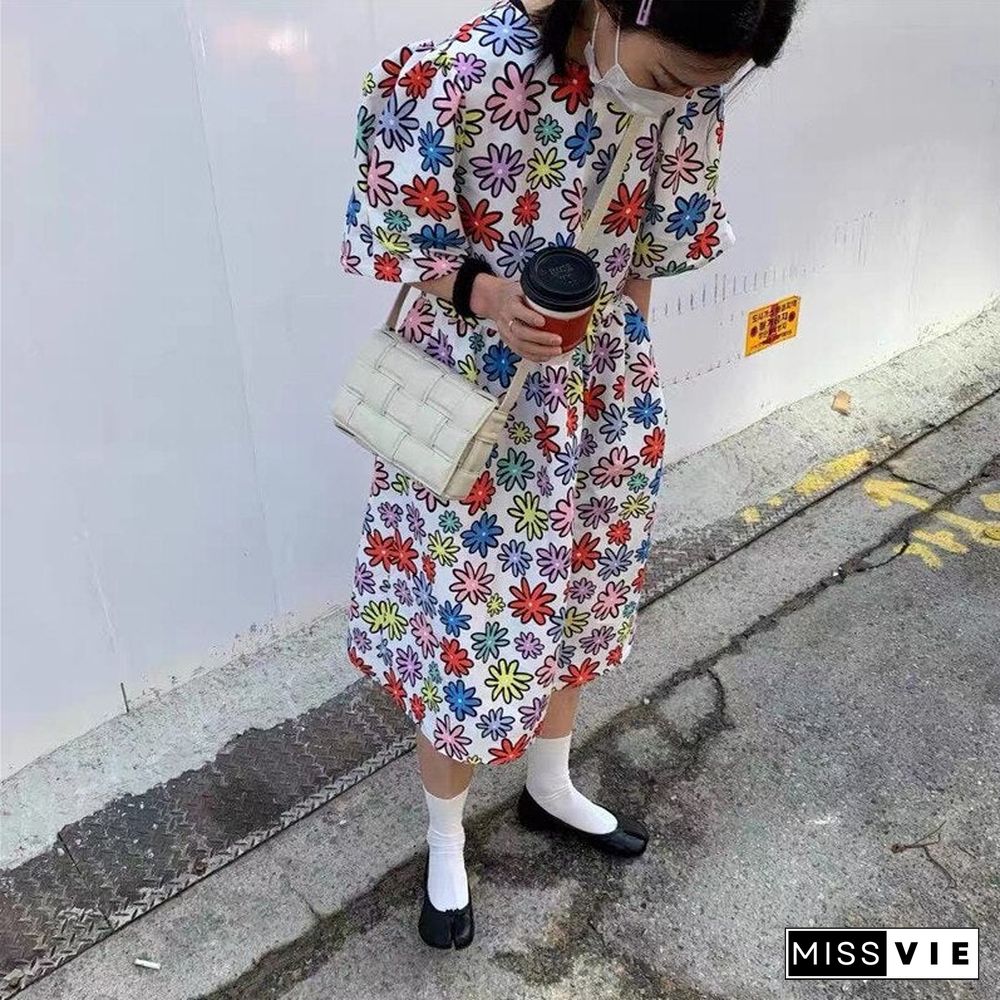 Korean Style Color Round Neck Flower Dress Women