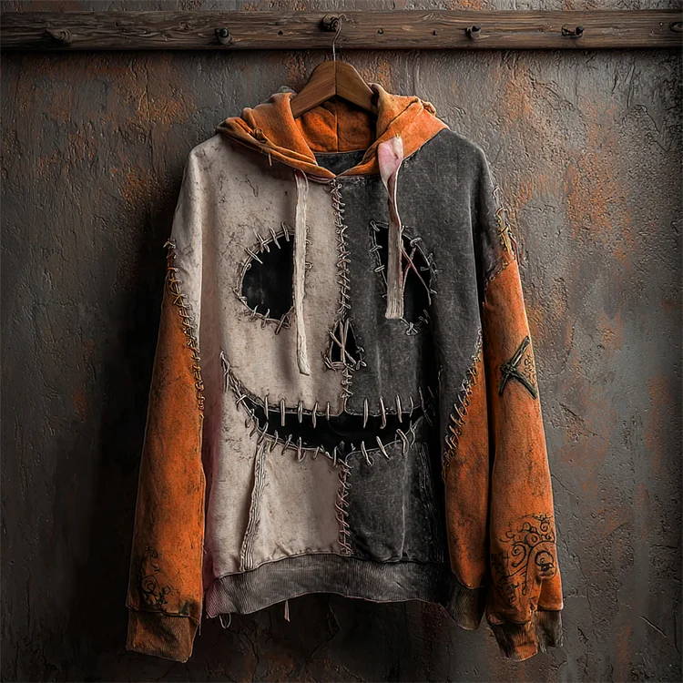 Halloween Pumpkin Face Contrast Stitched Washed Hoodie