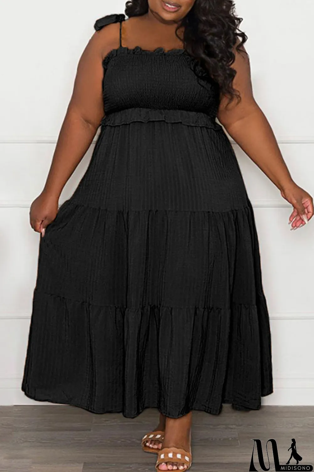 MidiSono - Pink Casual Sweet Solid Bandage Patchwork Fold Spaghetti Strap Sling Dress Plus Size Dresses