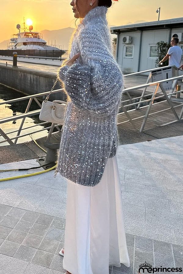 Warm Shining Heart Knit Sequin Balloon Sleeve Zipper Neck Loose Cardigan