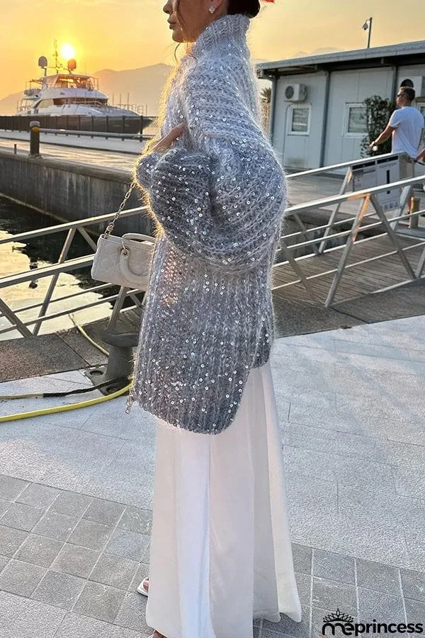 Warm Shining Heart Knit Sequin Balloon Sleeve Zipper Neck Loose Cardigan