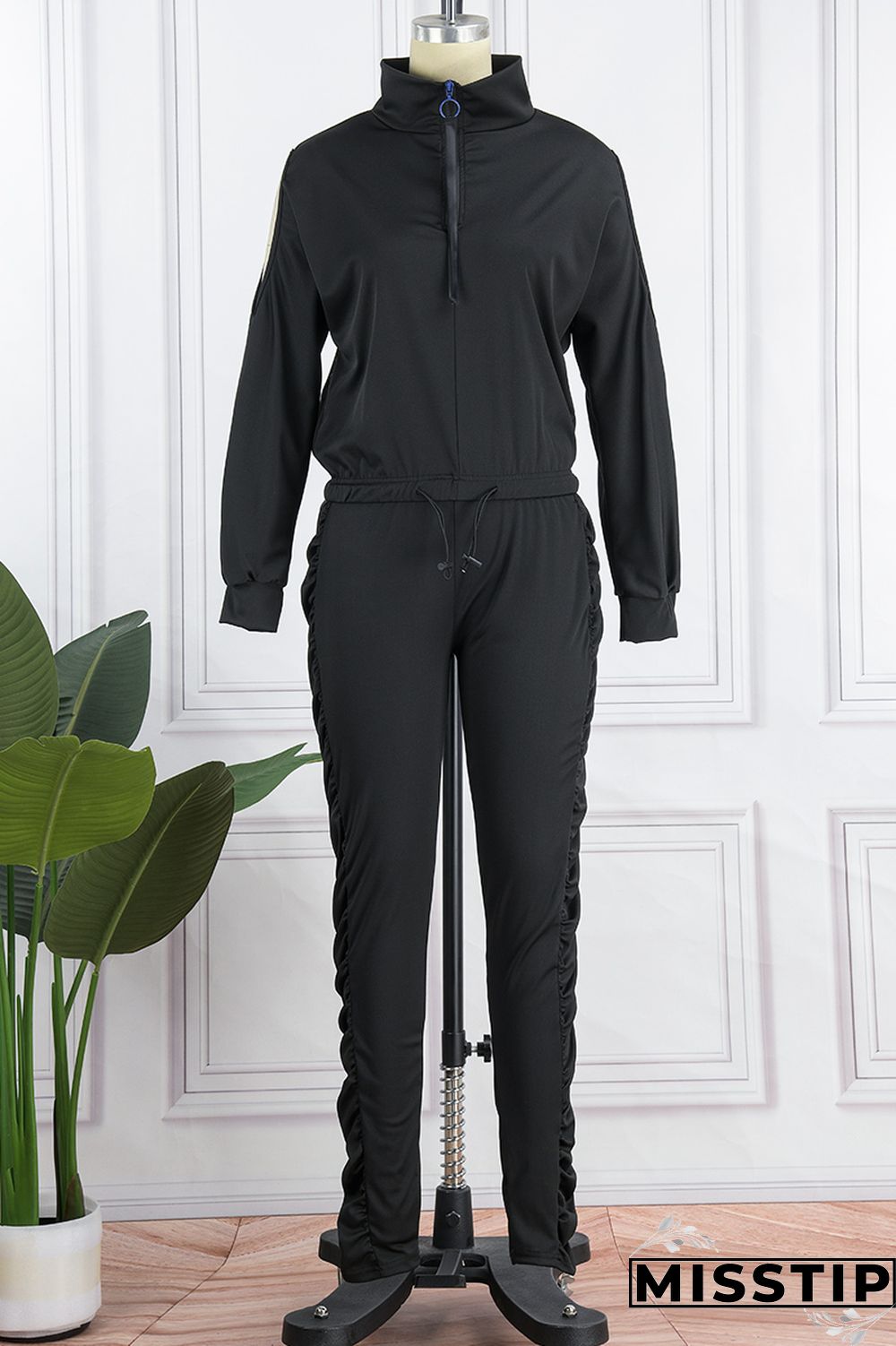 Pink Street Solid Hollowed Out Zipper Collar Long Sleeve Two Pieces