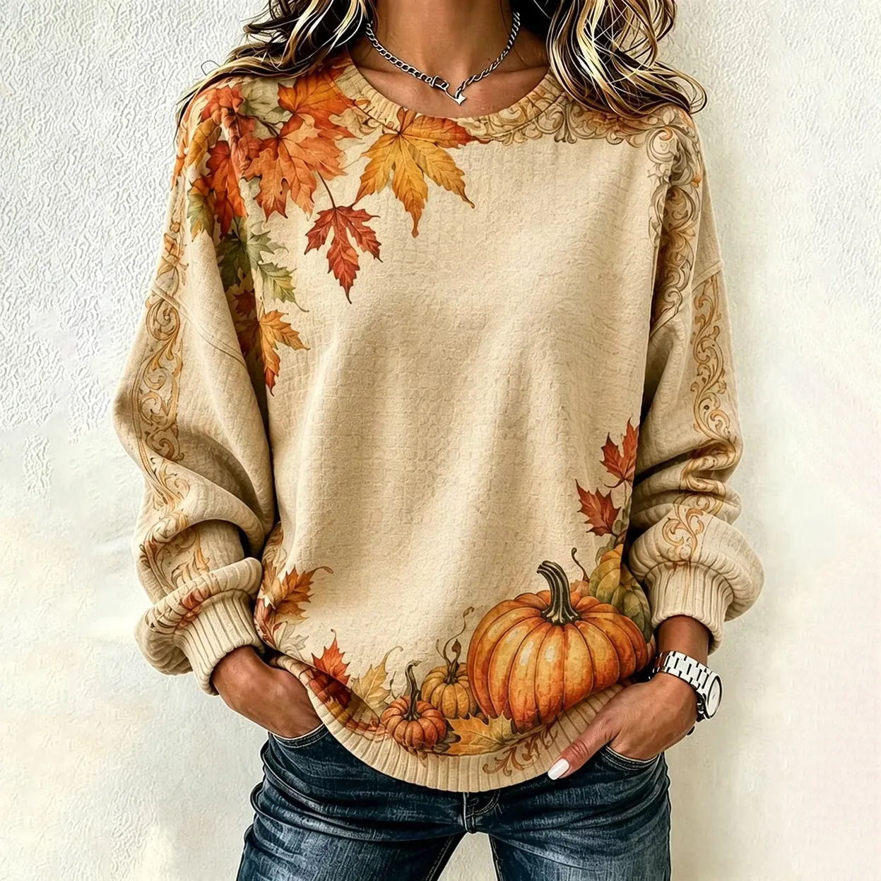 Comstylish Women's With Vintage Maple Leaf And Pumpkin Print Casual Sweatshirt