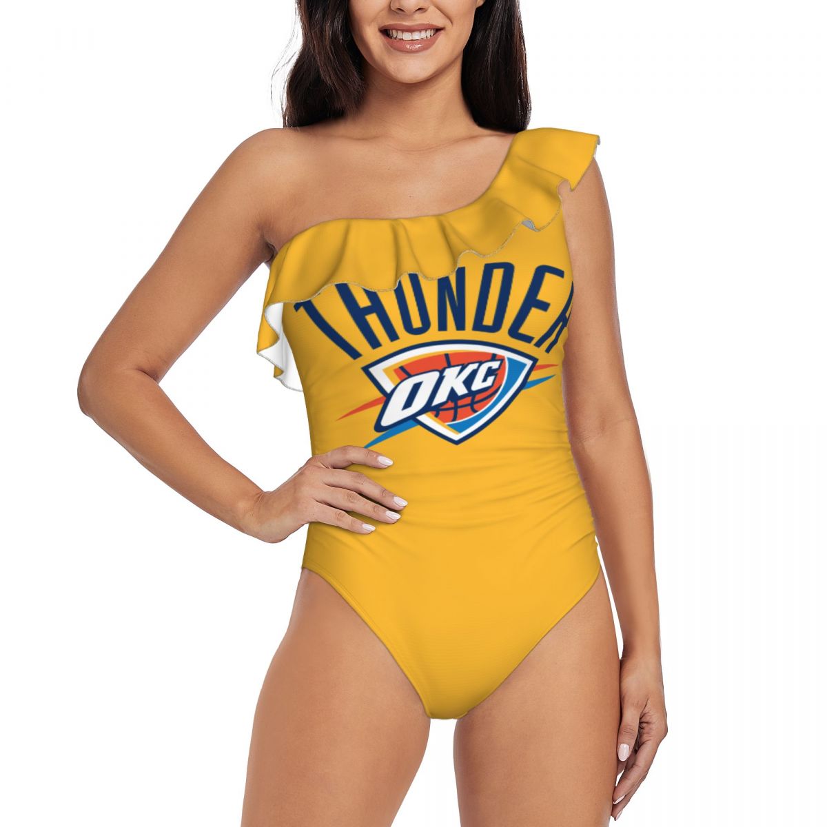 Oklahoma City Thunder Logo One Shoulder Asymmetric Ruffle Swimsuits