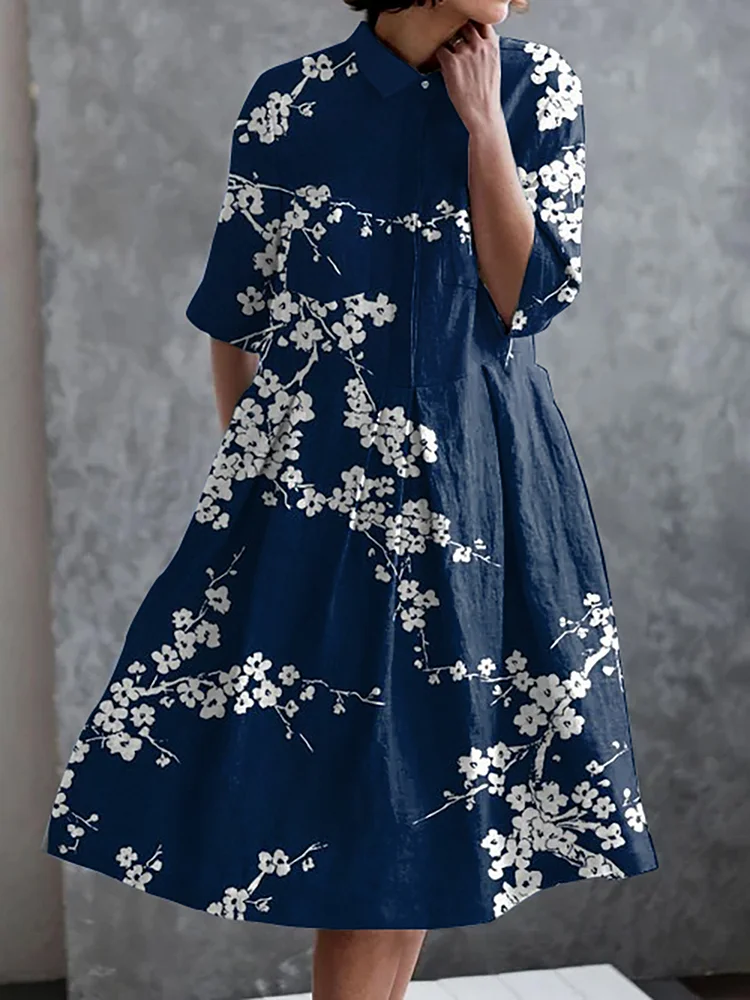 Women's Japanese Floral Print Casual Elegant Pocket Half Sleeve Dress