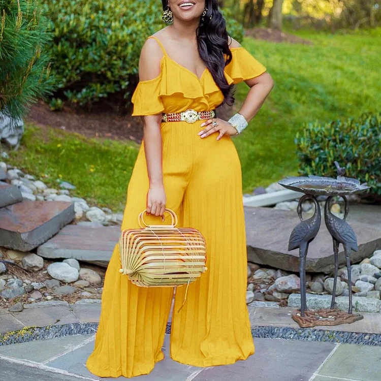 Oversized Chiffon Jumpsuits and Rompers For Women Large Solid High Waisted Pleated V Neck Elegant Evening Night Party Jumpsuits QueenFunky