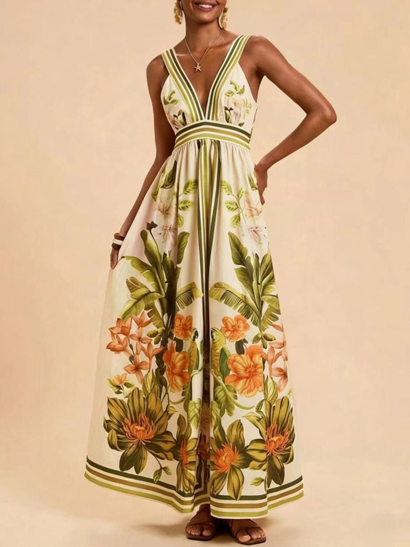 Tropical Print V-Neck Maxi Dress mysite idetrend