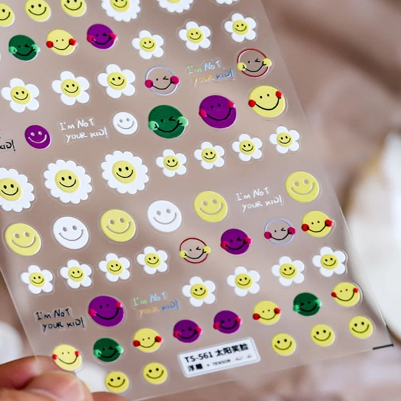 1 Sheet 5D High Quality Ultra-Thin Adhesive Smiley Nail Art Stickers Spring and Summer Cute Smile DIY Manicure Decal Decoration-Nail Inspo