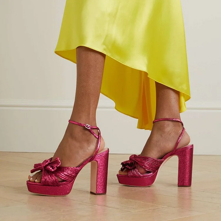Women's Hot Pink Glitter Heels Peep Toe Ruched Bow Platform Sandals |FSJ Shoes