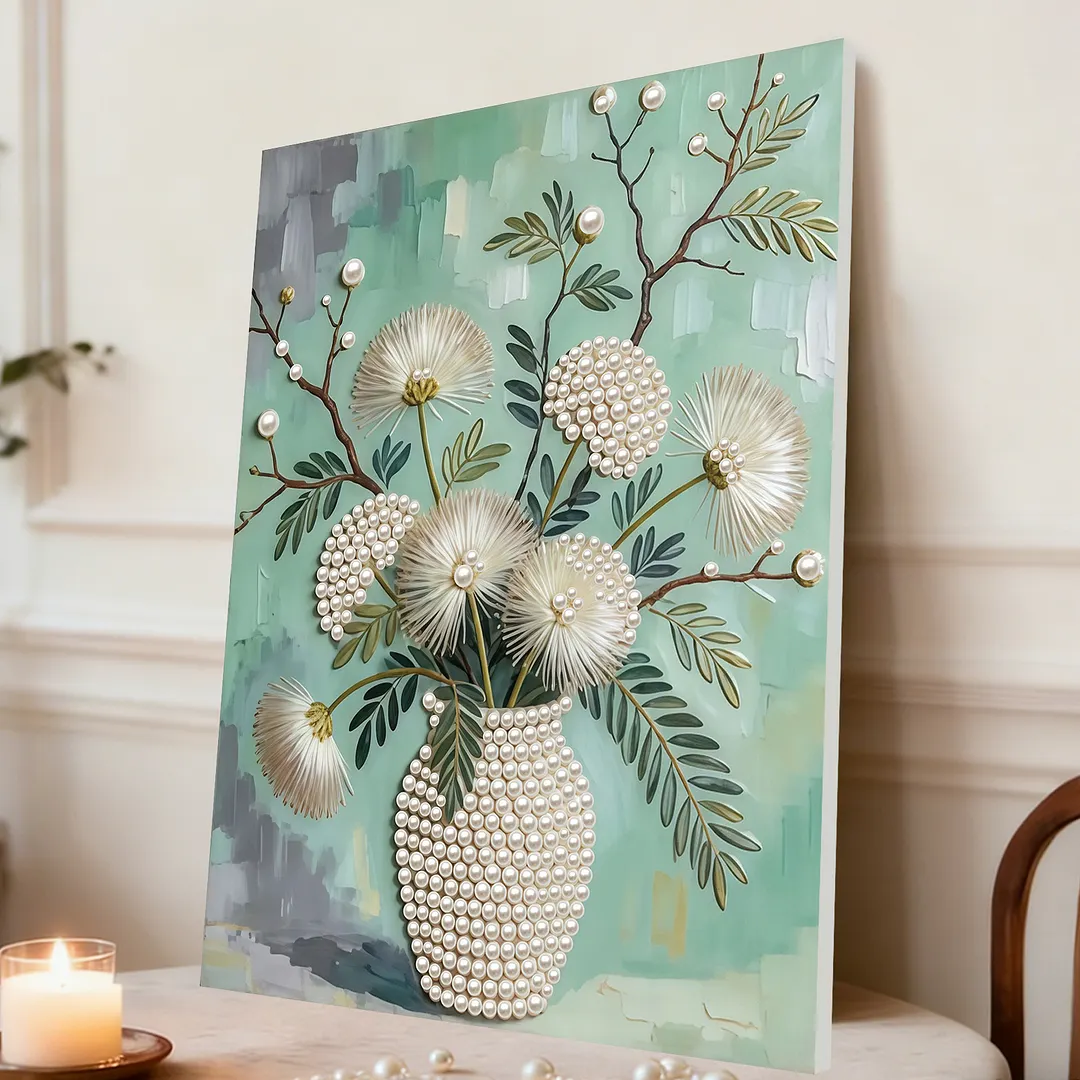 DIY Dandelion Vase Pearl Painting Kit for Adults Beginners Gift Idea Home Wall Decor Pearl Gem Paintings Picture Arts Craft 30x40cm with Frame