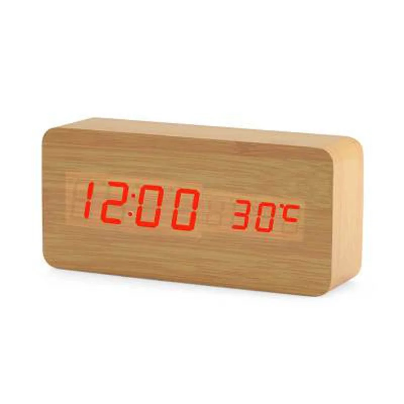 Wooden Digital LED Alarm Clock Voice Control USB/AAA Powered Electronic Table Clock Multifunction Temperature Desk Watch Decor