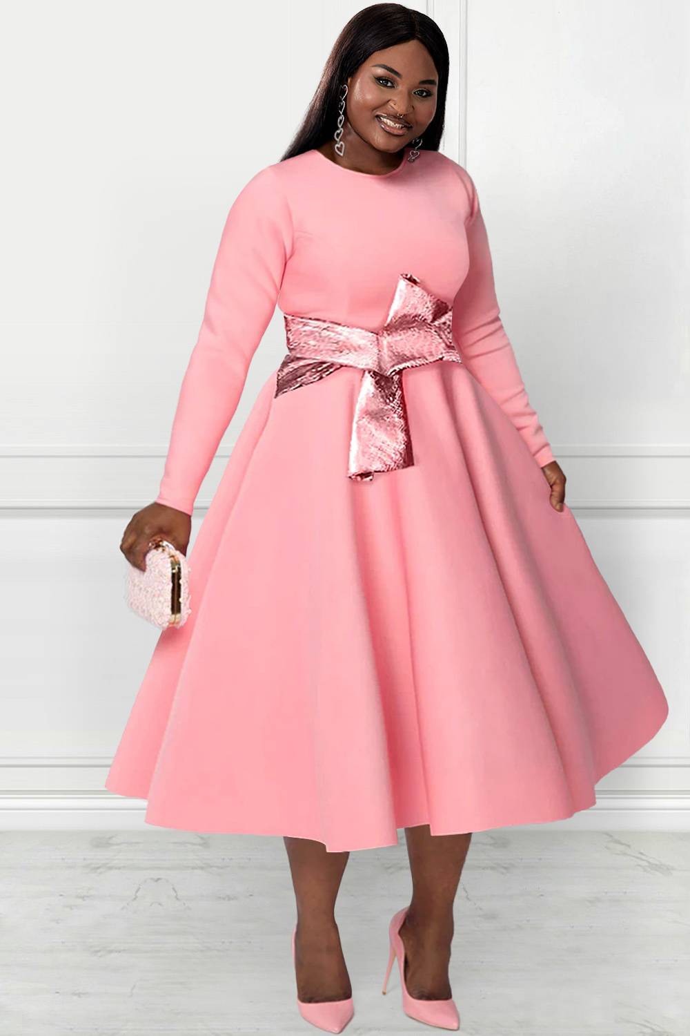 Design Plus Size Formal Midi Dresses Elegant Pink Fall Winter Crew Neck Long Sleeve Contrast Knitted Midi Dresses