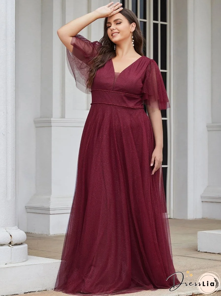 Elegant Golden Stamped Ruffle Sleeve Evening Gown