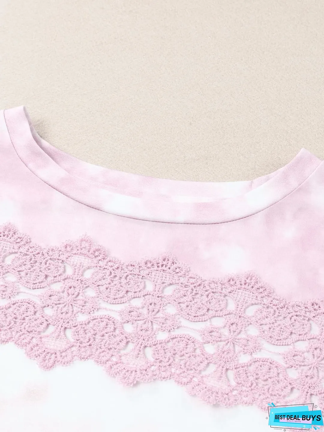 Tie-Dye Lace Trim Round Neck Top