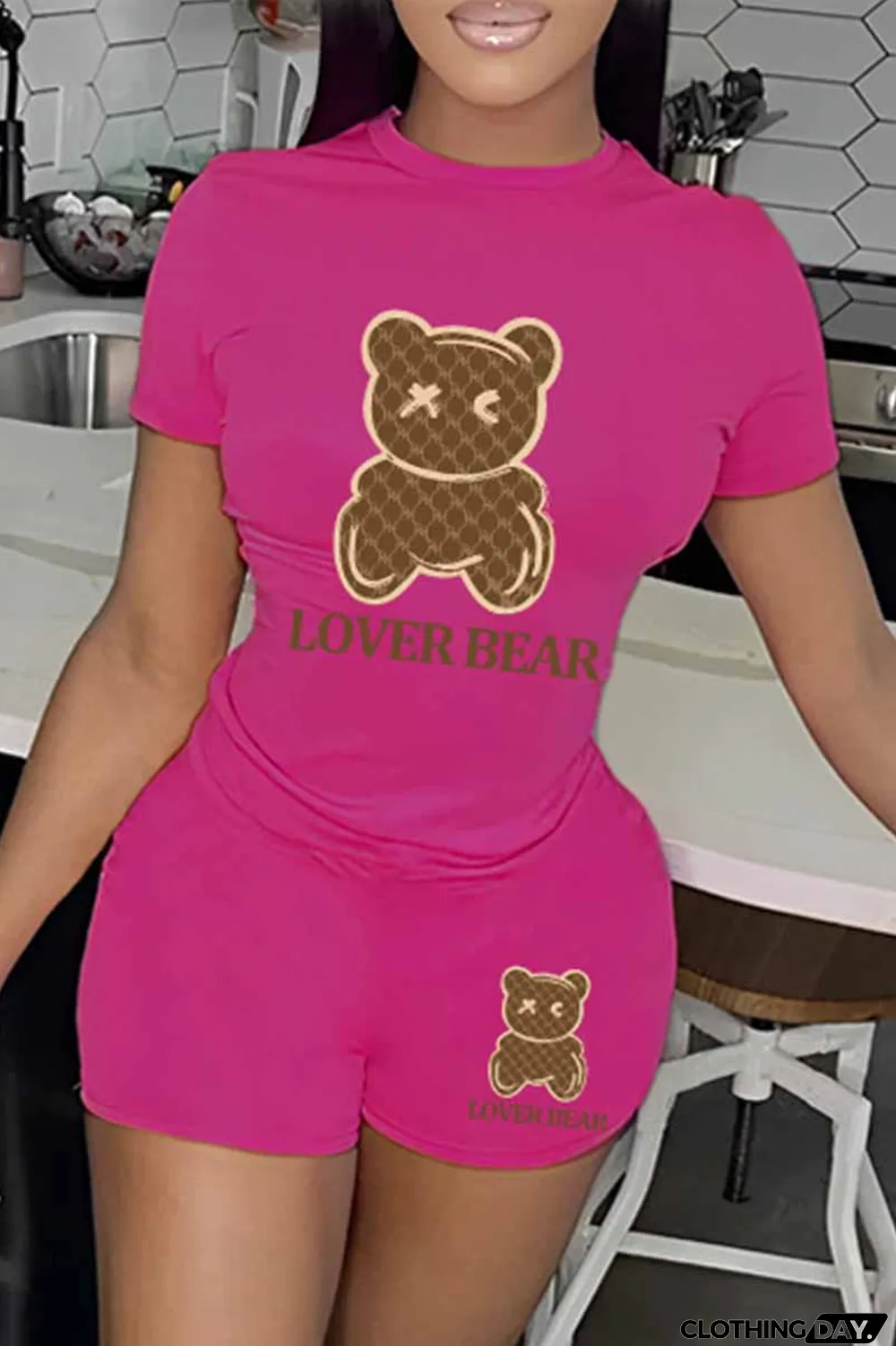 Purple Casual Print Letter O Neck Short Sleeve Two Pieces