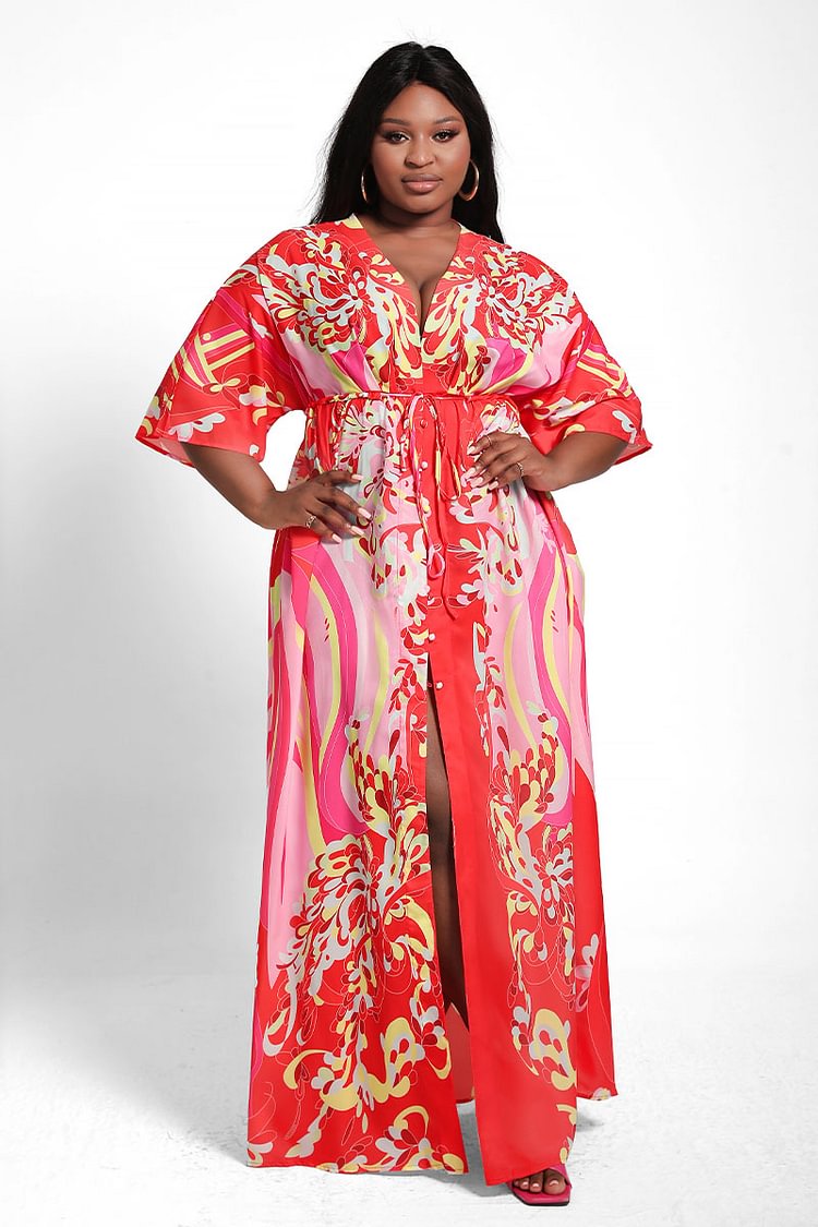 Xpluswear Design Plus Size Vacation All Over Print Floral V Neck Flared Sleeves Maxi Dress