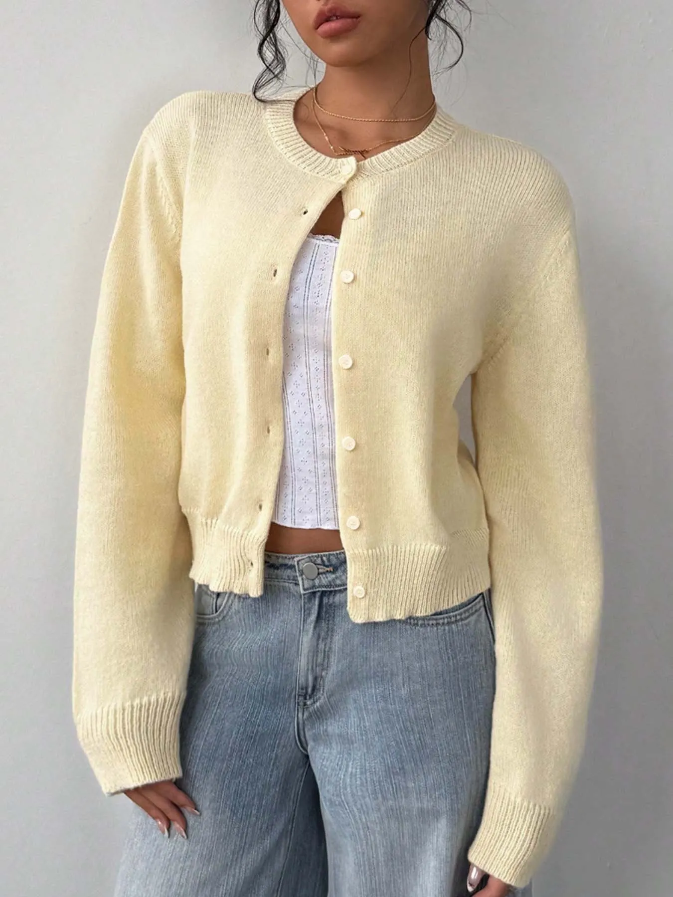 Women Crew Neck Button Down Knit Cardigan