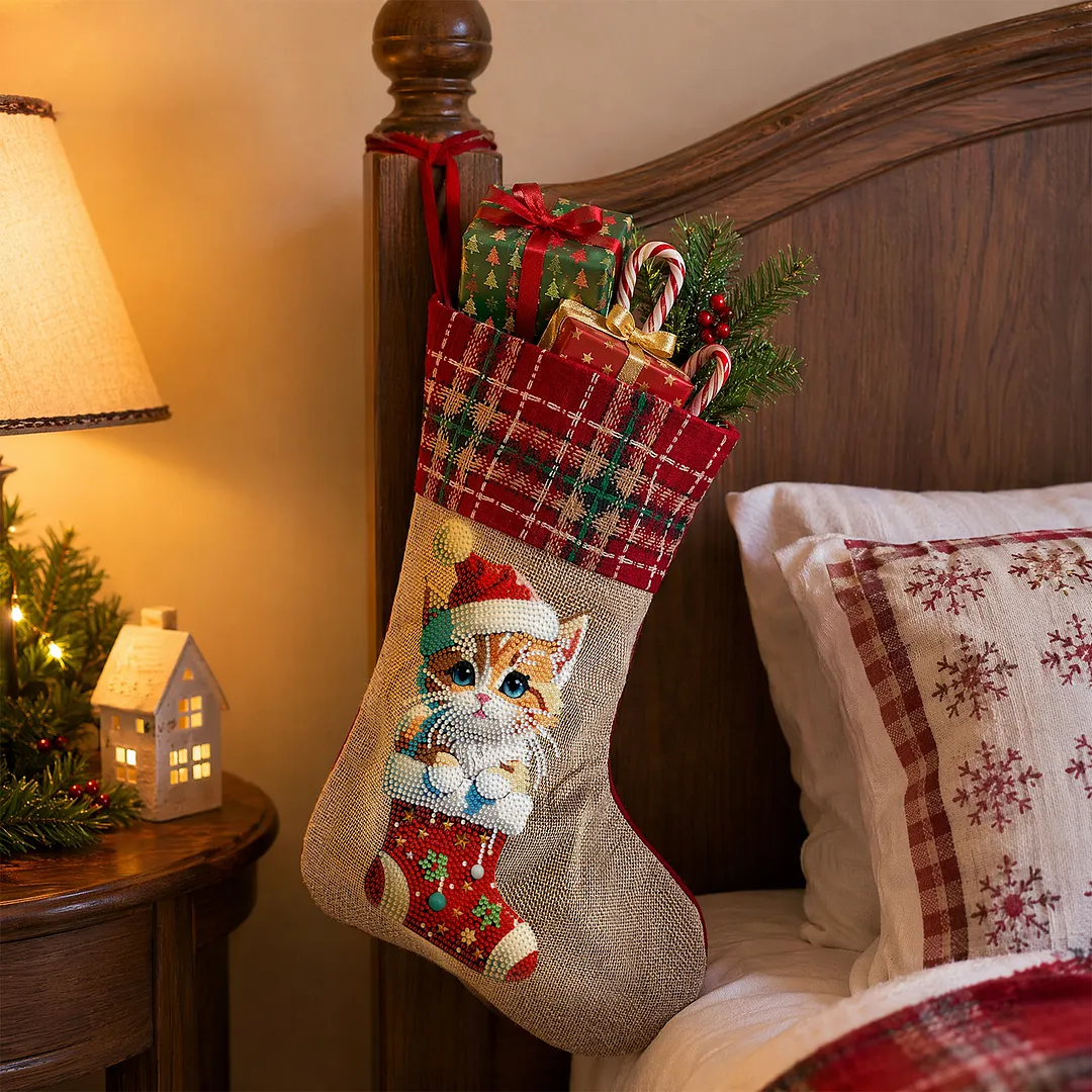 DIY Diamond Painting Christmas Stockings Hanging Ornaments Large Capacity Xmas Socks Pendant Wear Resist Candy Gift Storage Bags for Family Christmas Holiday Party Decoration (Christmas cat)