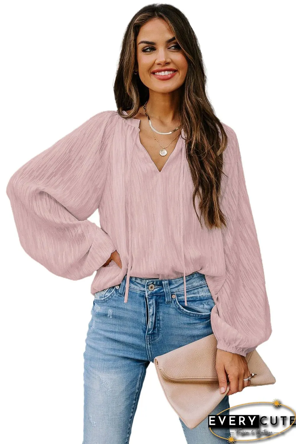 Pink V Neck Lantern Sleeve Textured Solid Top