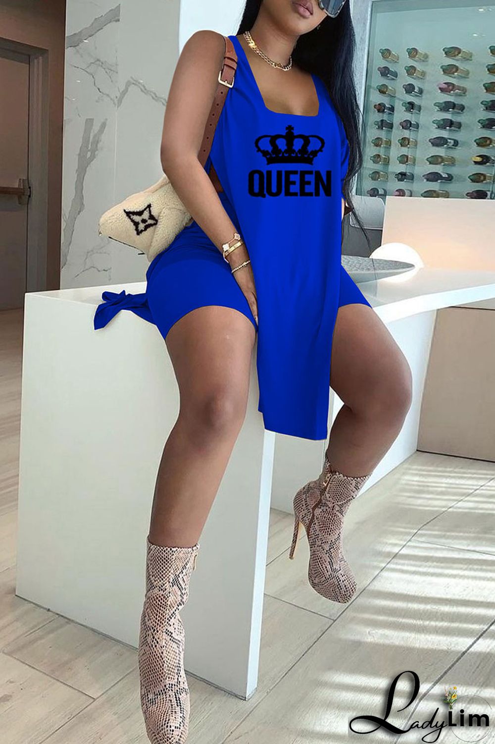 Royal Blue Casual Print Split Joint Slit U Neck Sleeveless Two Pieces