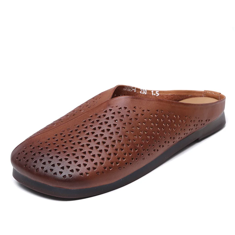 Yyvonne Layer Of Cow Skin Retro One Foot Soft-Soled Slippers Women 2025 Summer New Comfortable Outer Hollow Hole Shoes