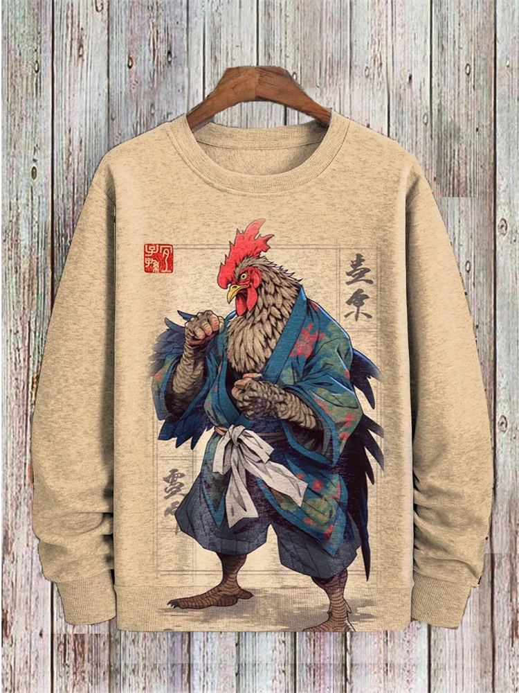 Comstylish Men's Japanese Traditional Ink Rooster Samurai Art Print Sweatshirt
