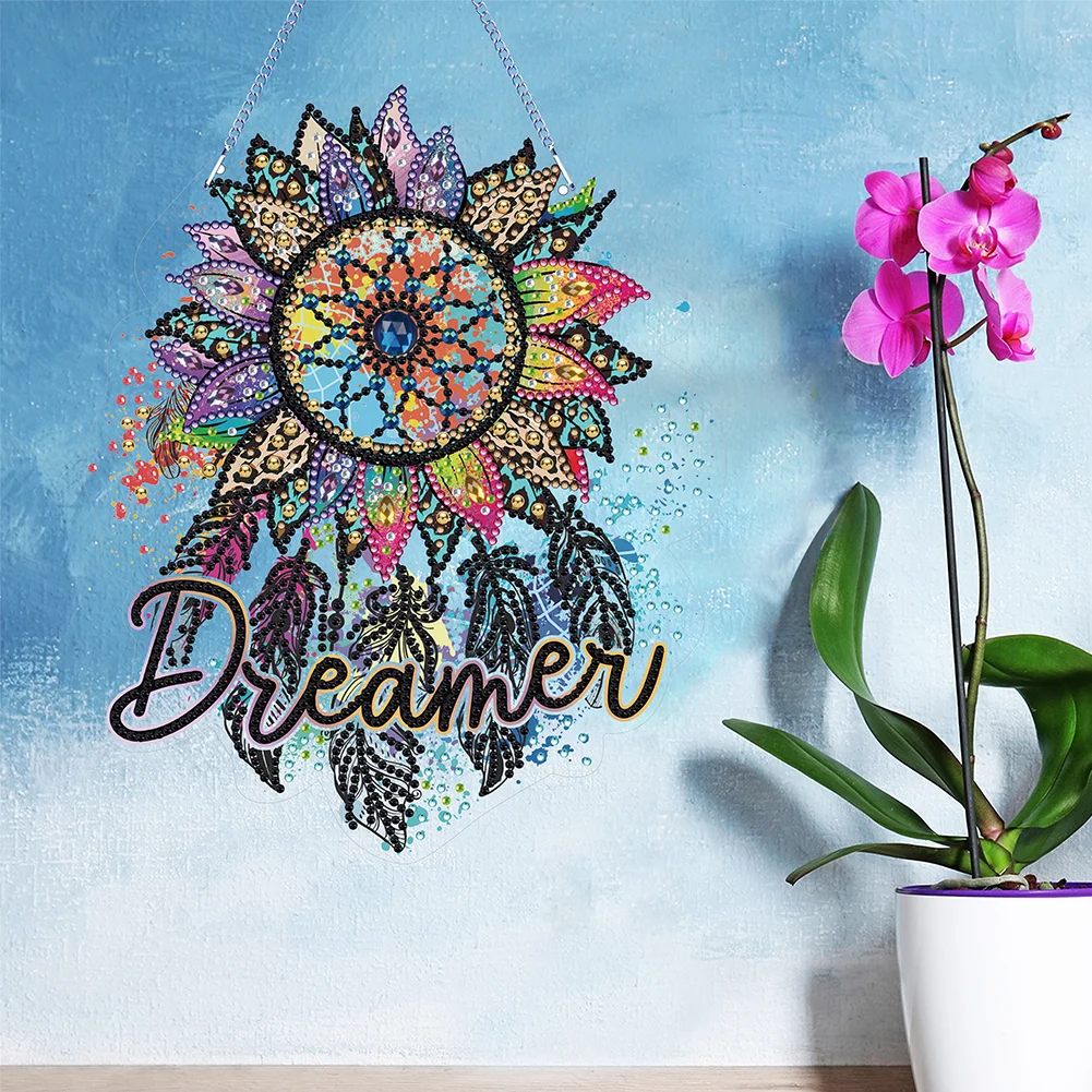 DIY Flower Dreamcatcher Acrylic Single-Sided Diamond Painting Hanging Pendant for Home Wall Decor 