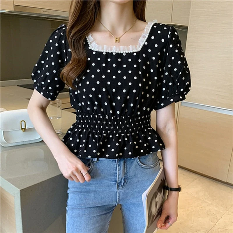 Summer 2021 New Casual Sweet Pearl Mesh Stitching Polka Dot Blouse Short Sleeve Waist Hugging Chiffon Shirt Tops Blusas 15062