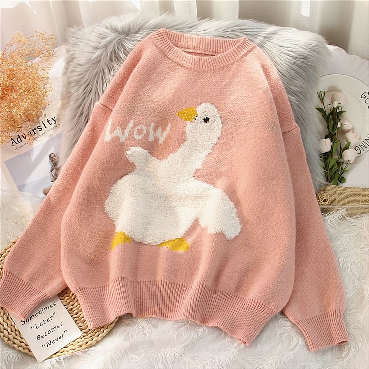 Cute Duck Print Knitted Sweater - Modakawa Modakawa