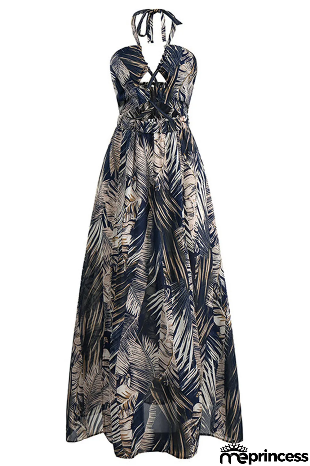 Red Fashion Sexy Print Hollowed Out Backless Halter Sleeveless Dress