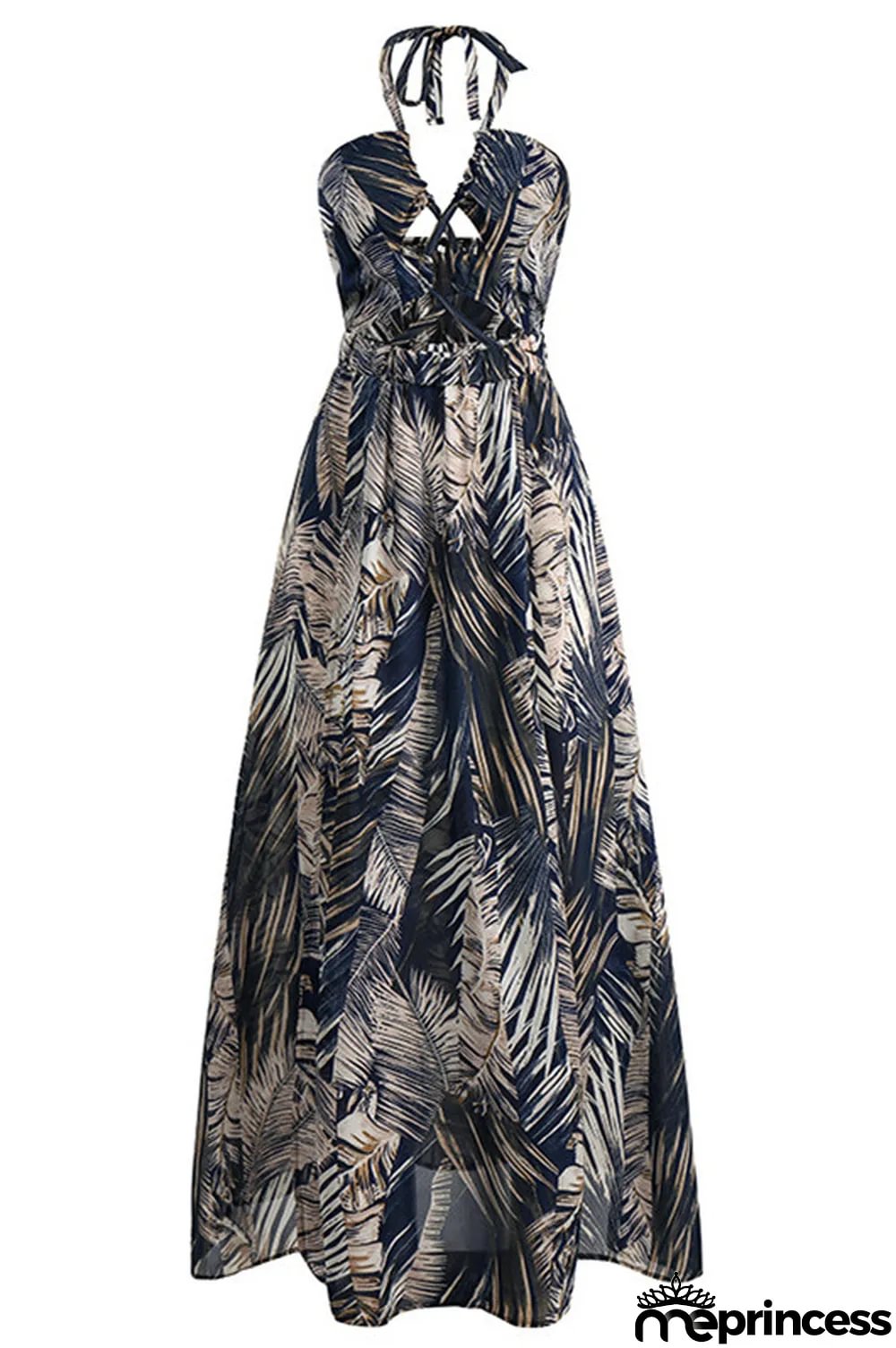 Red Fashion Sexy Print Hollowed Out Backless Halter Sleeveless Dress