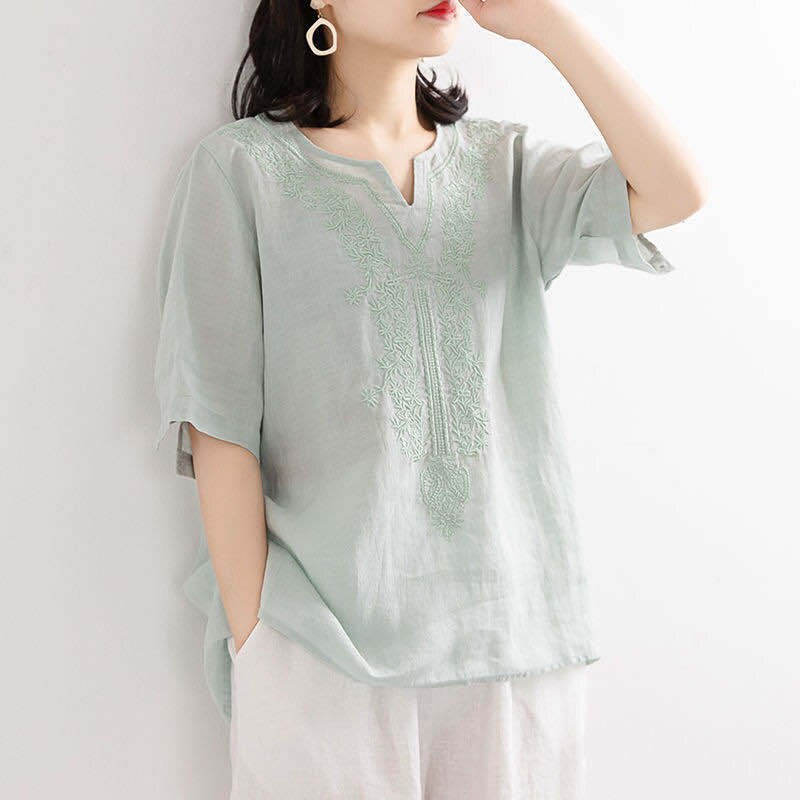 Women Vintage Embroidered Cotton Linen T-shirts