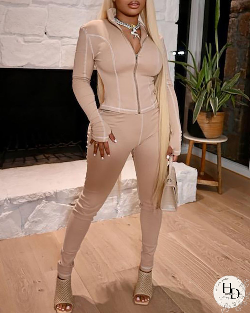Contrast Piping Zip Front Top & Pants Set