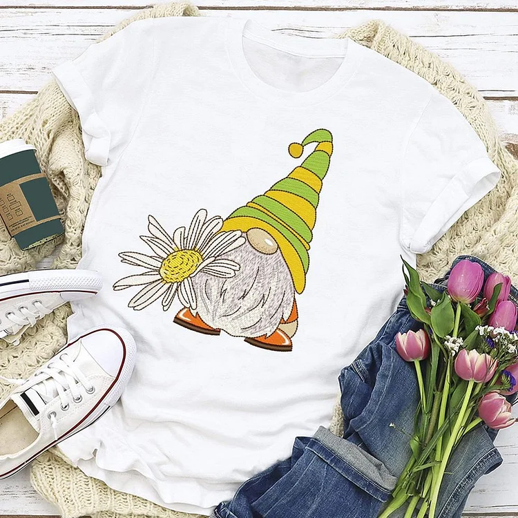 Gnome among flowers T-Shirt Tee --Annaletters