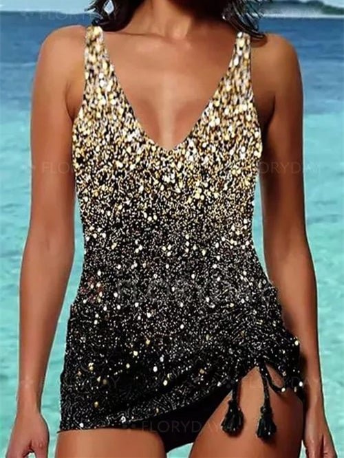 Women Tie Dye Sleeveless V-neck Sequins One Piece Swimwear