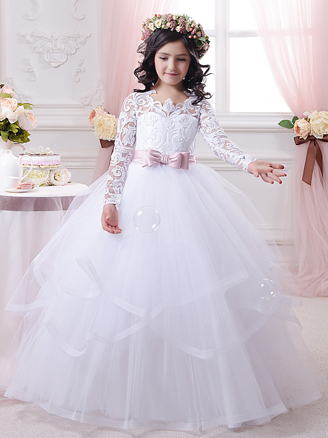 Bellasprom Ball Gown Long Sleeve Flower Girl Dresses  Lace Tulle with Lace Appliques Buttons Bellasprom