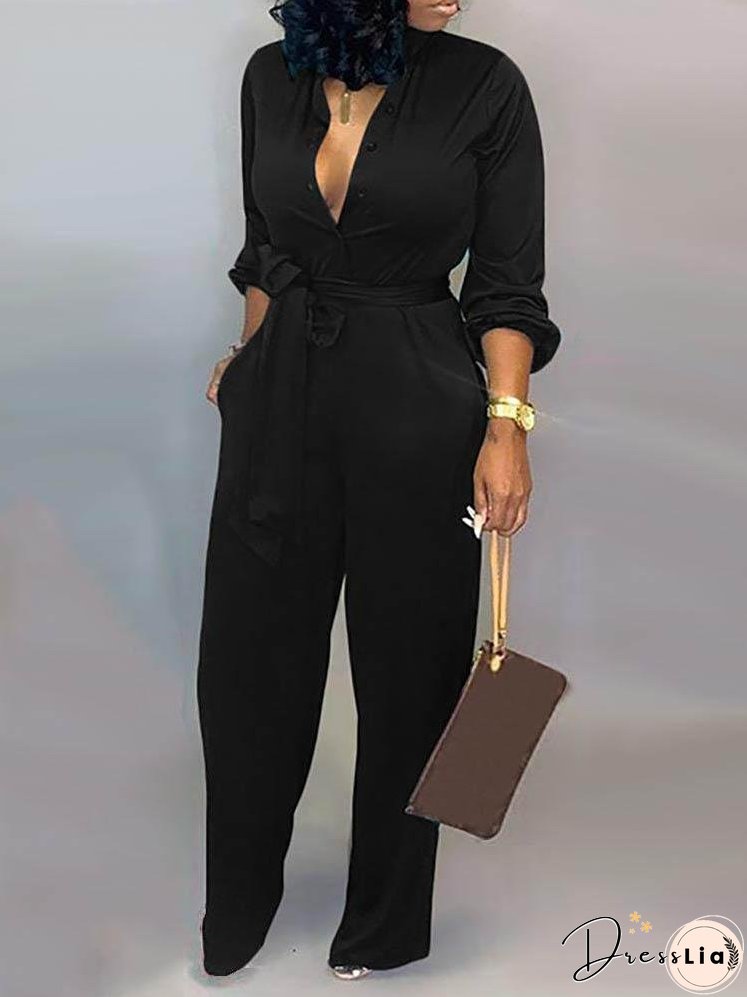 Solid Buttoned Pocket Casual Jumpsuit for Women