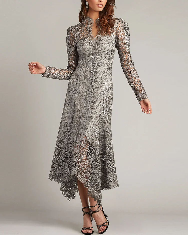 Sequin Embroidered Illusion Midi Dress