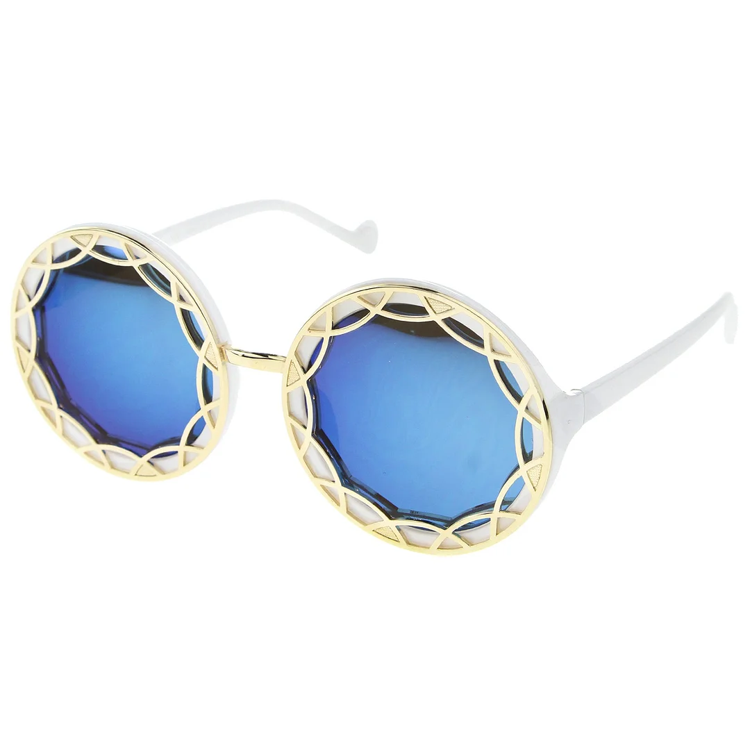 Women's Oversize Ornate Flat Pattern Color Mirror Lens Round glasses 55mm