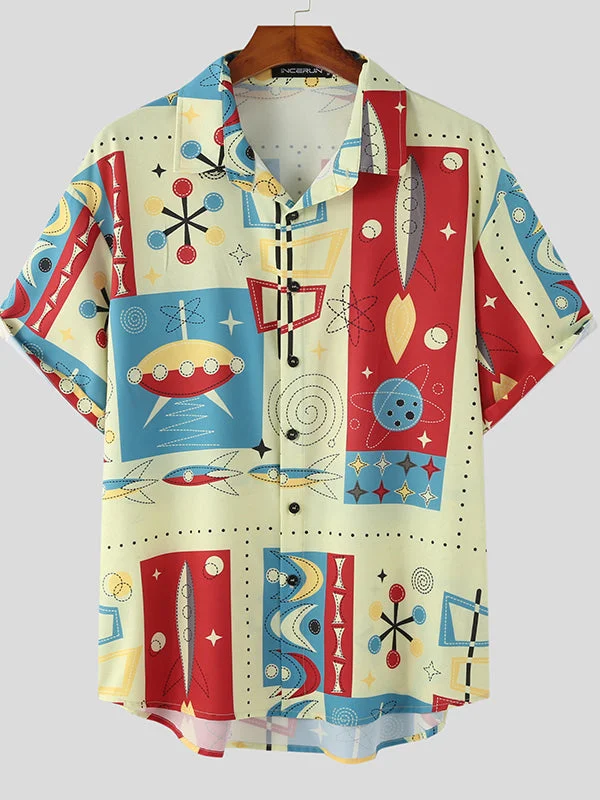 Aonga - Mens Trumpet Planet Cartoon Print Button Shirt