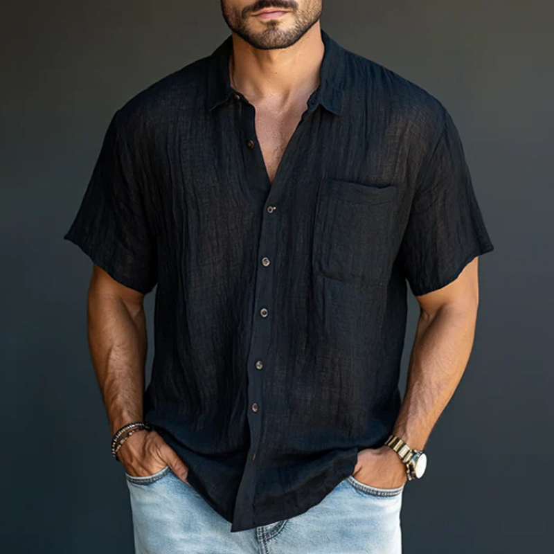 Men's Casual Breathable Comfortable Linen Lapel Loose Short Sleeve Shirt