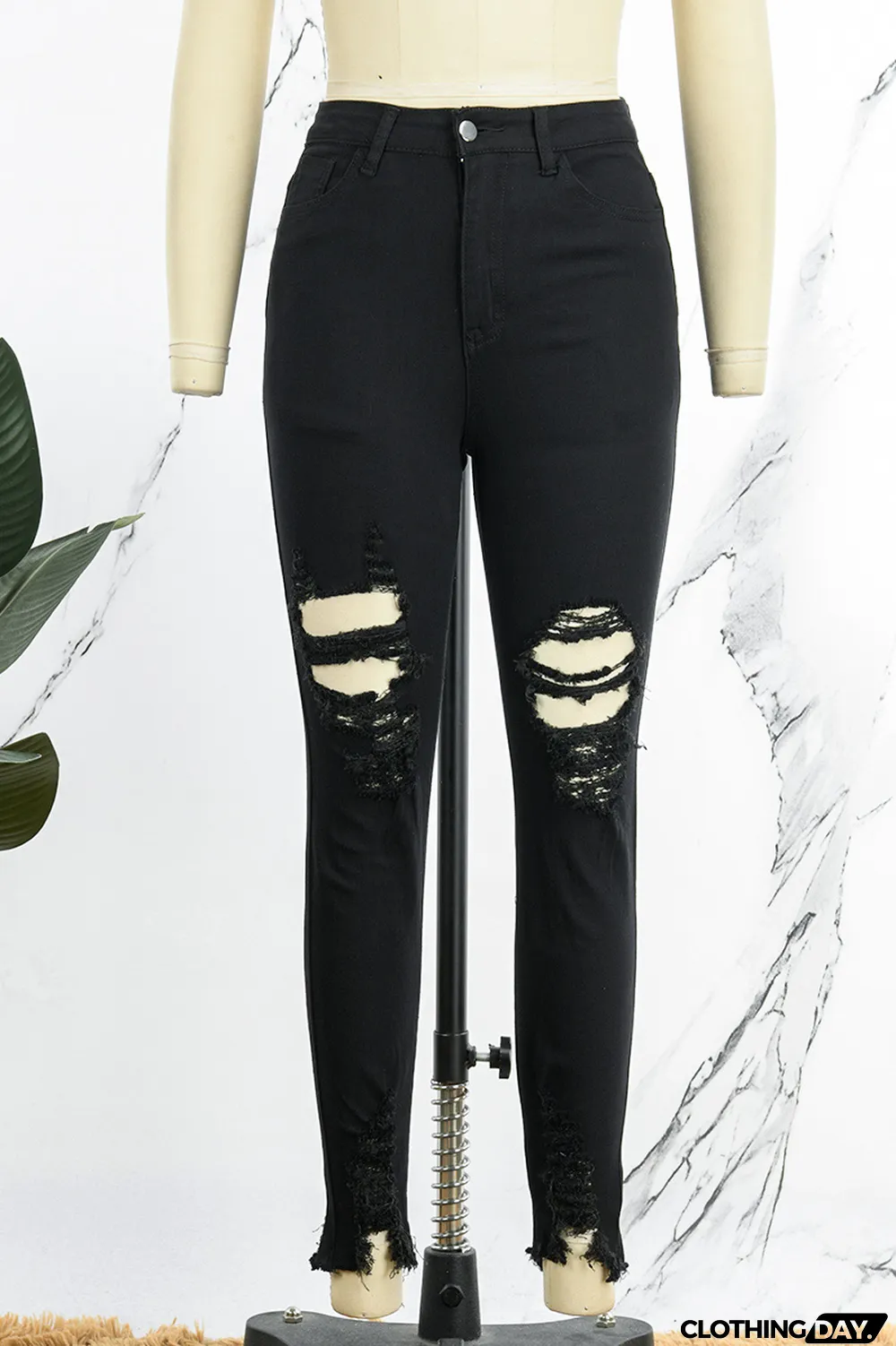 Black Casual Solid Ripped High Waist Skinny Denim Jeans