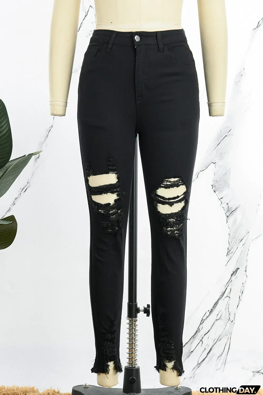 Black Casual Solid Ripped High Waist Skinny Denim Jeans