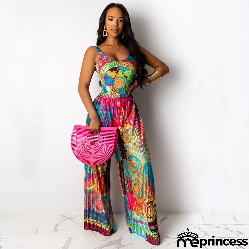 Plus Size Printed Casual Sleeveless Jumpsuits