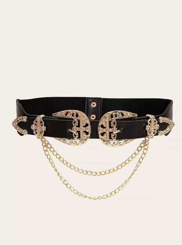 Vintage Western Double Buckle Chain Belt for Women Black Faux Leather Elastic Waist Belt with Gold Chains