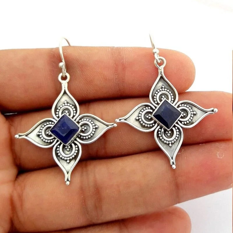 Vintage Cubic Zirconia Metal Hand Engraved Pattern Earrings Set with Dark Blue Stone Hook Drop Earrings Jewelry