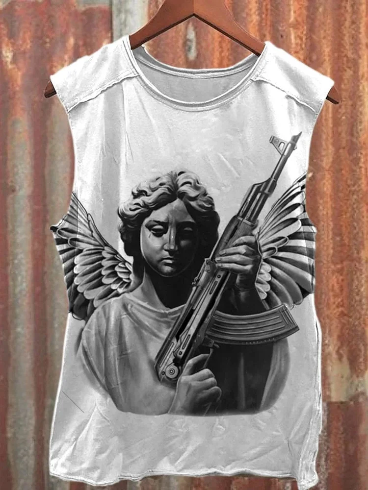 Teecade Teecade Vintage Black Angel Jesus Art Print Tank Top