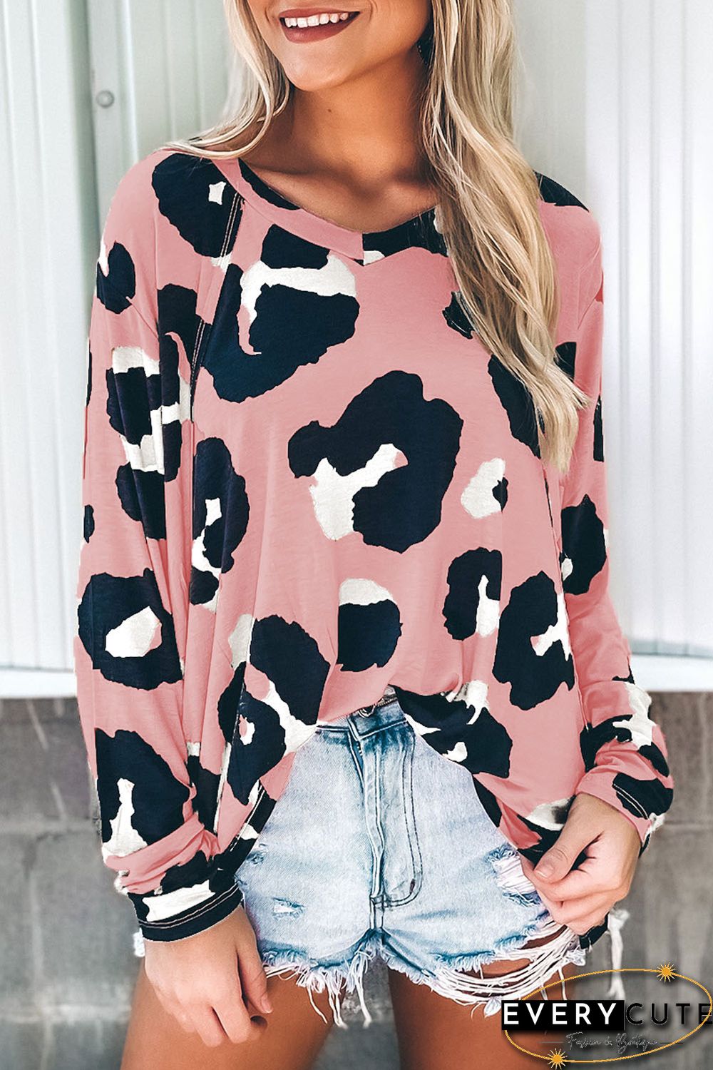 Pink Leopard Print Long Sleeve Loose Top