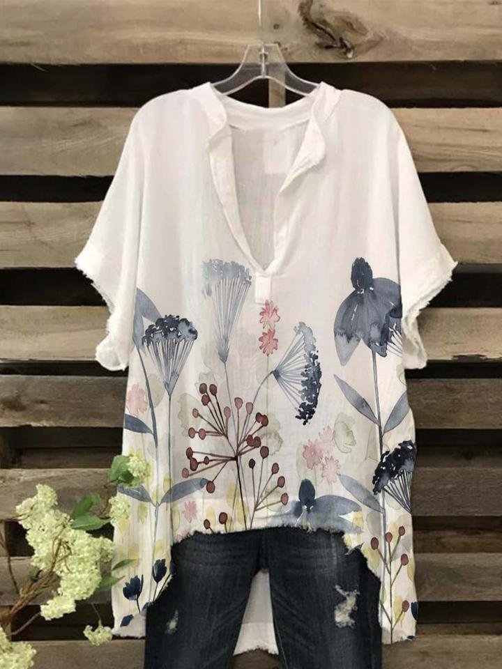 Floral Printing V-neck Casual Ripped Tee