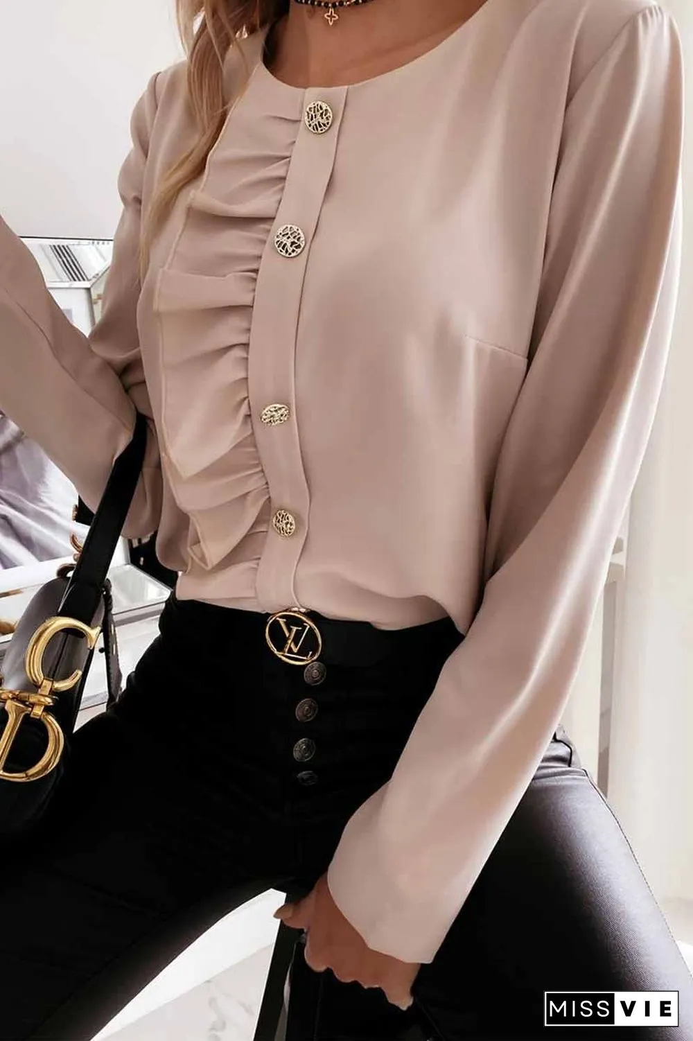 Solid Color Long-Sleeved Ruffled Button Shirt Tops(3 Colors)